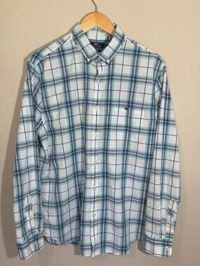 Vineyard Vines Men’s Slim Fit Tucker Button Down Shirt teal/pnk/white plaid SZ L